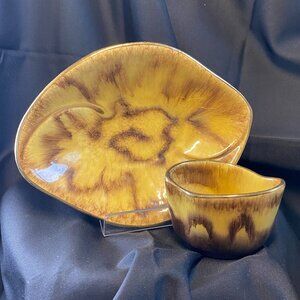 Vintage MCM West Germany Fat Lava Pottery Style Bowl & Vase Yellow/Brown Glaze